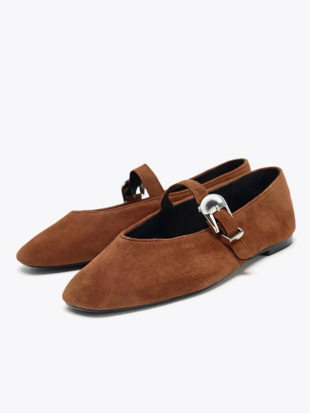Zara Buckle Suede Mary Jane Flats. Brick NWT. Size 8/8.5